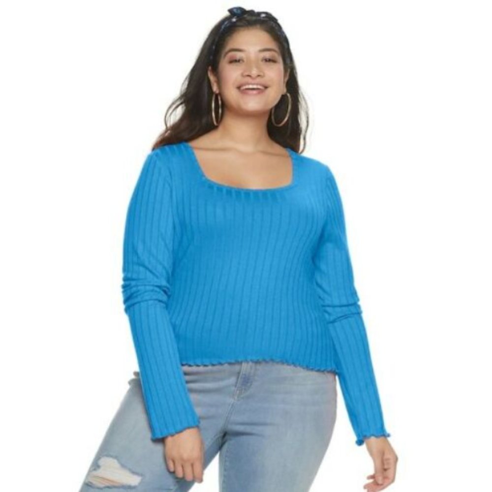 SO Juniors' Plus Size 1X Square Neck Ribbed Top Paxton Stream Blue NWT